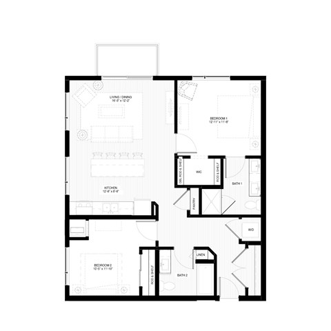 Floor plan for a 1 bedroom and bathroom